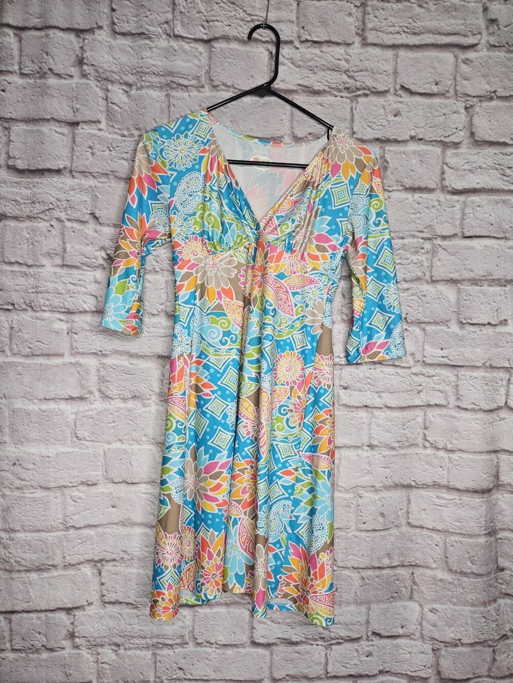spunkwear women's size small 3/4 sleeve dress colorful floral spunkwear women's